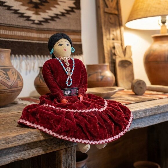Handmade Native American Doll With Red Velvet Dress Beaded Earrings & Necklace T - Picture 2 of 8
